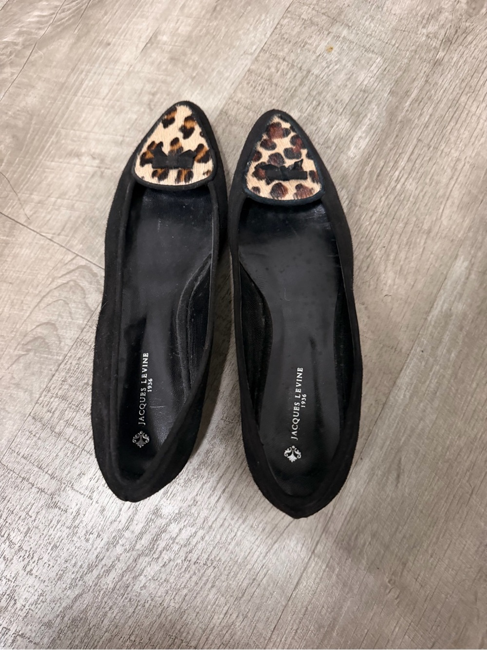 Jacques Levine Black Suede Flats with Leopard Print Toe